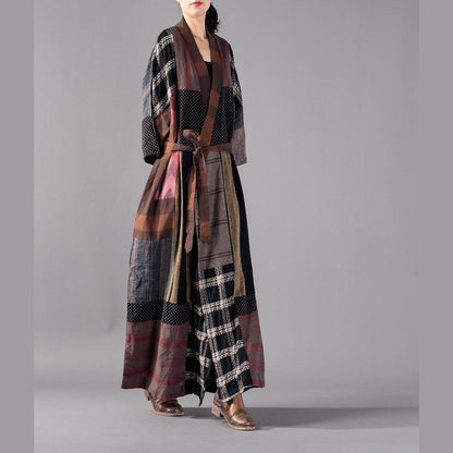 Luxuriöser, karierter Langmantel in Übergröße mit V-Ausschnitt, Baggy-Trenchcoat, Boutique-Patchwork-Langjacke mit Taillenbund