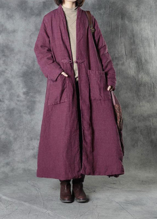 Luxury Purple Linen Button Pockets Winter Cotton Parka Long Sleeve - SooLinen