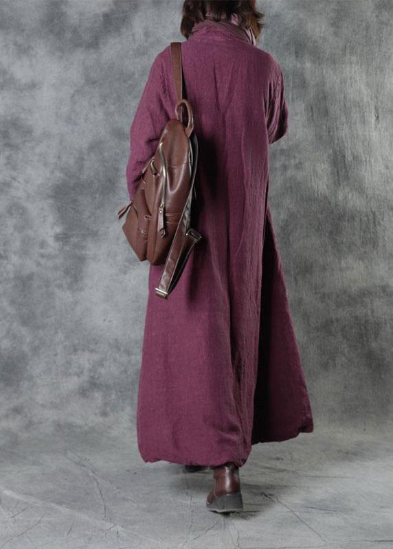 Luxury Purple Linen Button Pockets Winter Cotton Parka Long Sleeve - SooLinen