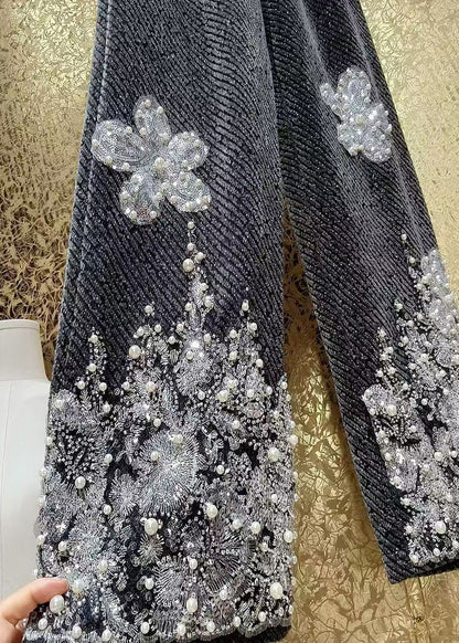 Luxuriöse Wollhose mit geradem Bein und Pailletten-Blumenstickerei für den Winter