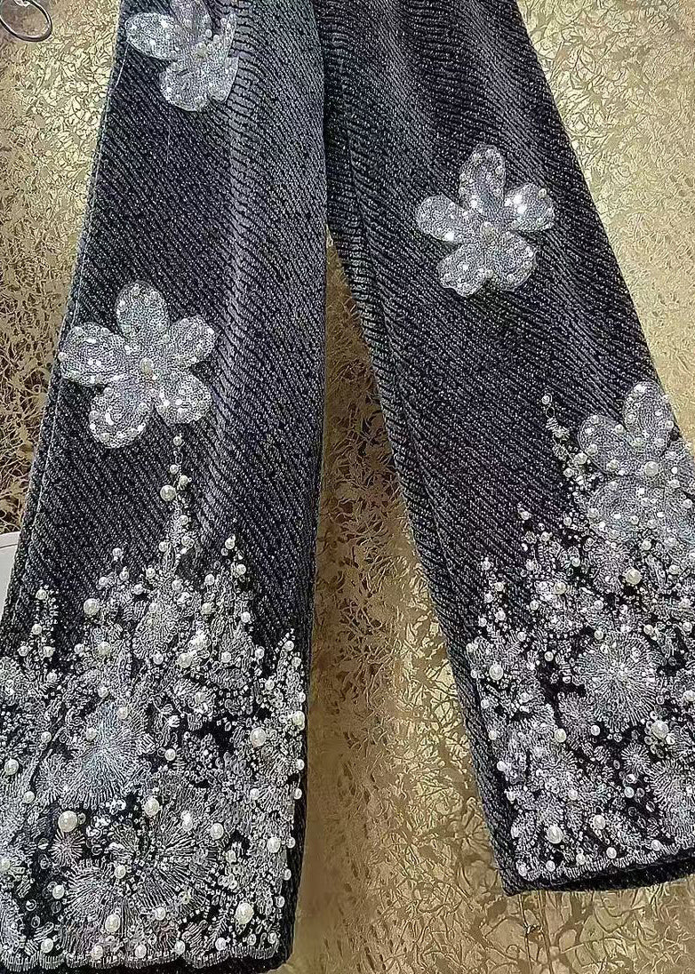 Luxuriöse Wollhose mit geradem Bein und Pailletten-Blumenstickerei für den Winter