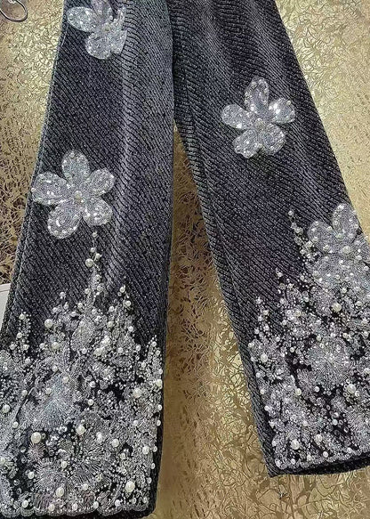 Luxuriöse Wollhose mit geradem Bein und Pailletten-Blumenstickerei für den Winter
