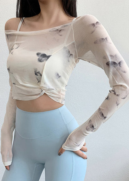 Luxury White Print Wrinkled Tulle Fitting Workout Tops