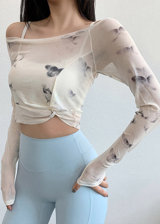 Luxury White Print Wrinkled Tulle Fitting Workout Tops