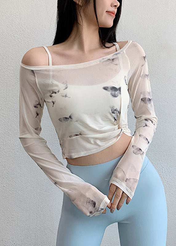 Luxury White Print Wrinkled Tulle Fitting Workout Tops