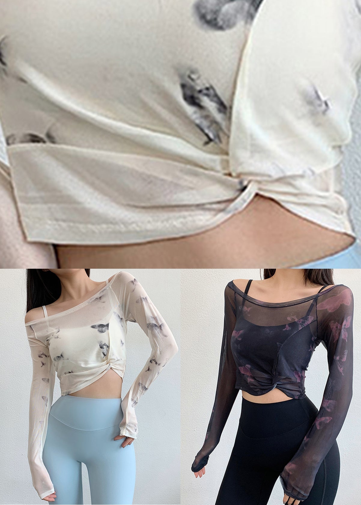 Luxury White Print Wrinkled Tulle Fitting Workout Tops