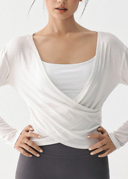 Luxury White V Neck Wrinkled Slim Yoga Tops