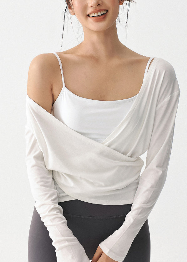 Luxury White V Neck Wrinkled Slim Yoga Tops