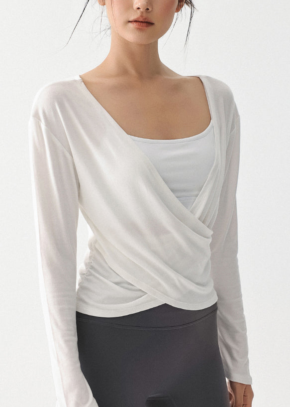 Luxury White V Neck Wrinkled Slim Yoga Tops