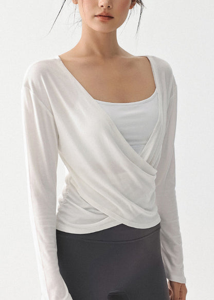 Luxury White V Neck Wrinkled Slim Yoga Tops