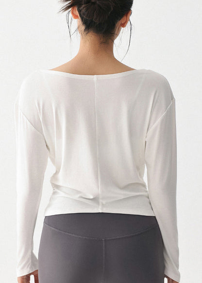 Luxury White V Neck Wrinkled Slim Yoga Tops