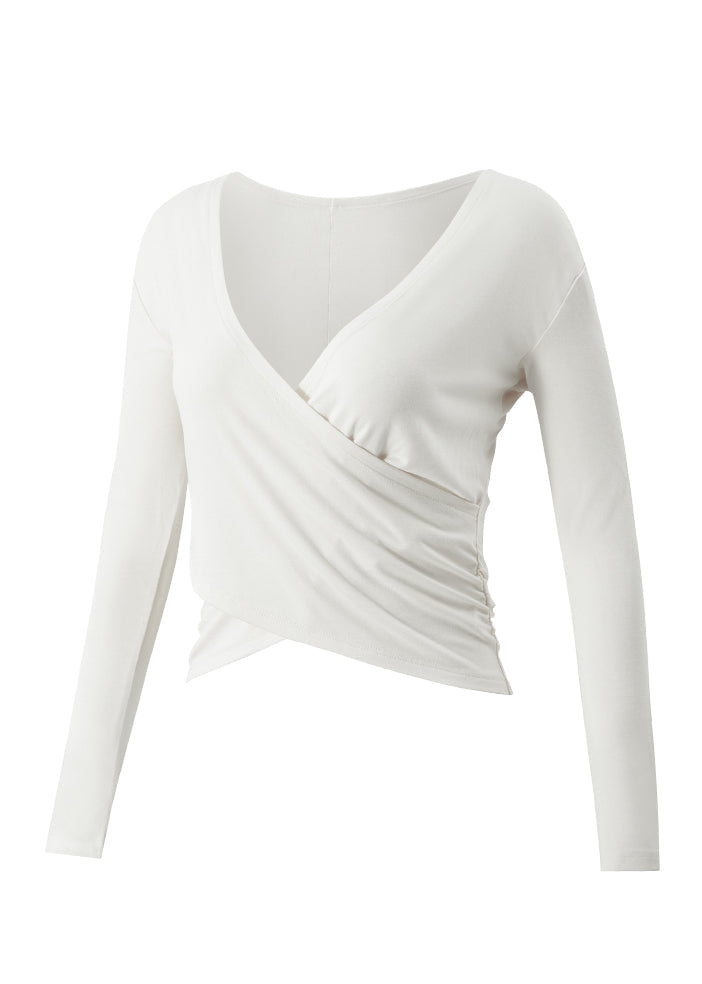Luxury White V Neck Wrinkled Slim Yoga Tops