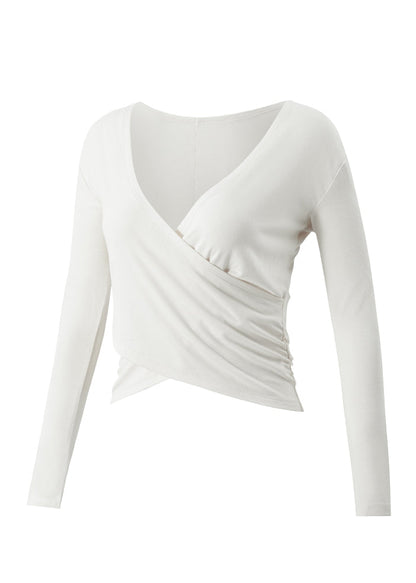 Luxury White V Neck Wrinkled Slim Yoga Tops