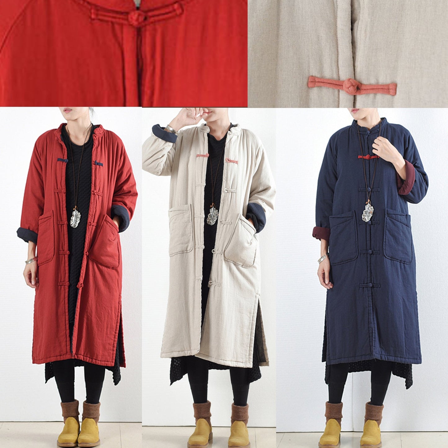 Luxuriöser beige-weißer Freizeitmantel. Locker sitzender Baumwollmantel. Eleganter, seitlich offener Trenchcoat mit chinesischem Knopf.