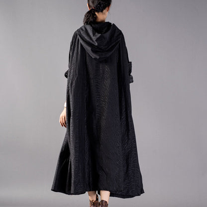 Luxuriöser schwarzer Mantel, übergroßer modischer Trenchcoat mit Kapuze, feiner, weiter Wintermantel