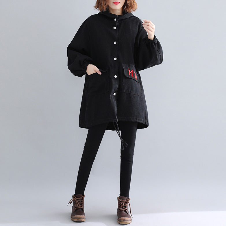 Luxuriöse schwarze Parkas für Damen, lässiger, warmer Wintermantel mit Kapuze, elegante Wintermäntel mit Stickerei