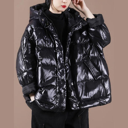 Luxury Black Down Coat Winter Loose-fitting Down Jacket Hooded Zippered Warm Coats - SooLinen