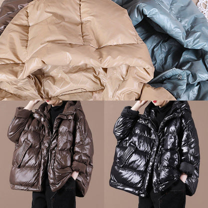 Luxury Black Down Coat Winter Loose-fitting Down Jacket Hooded Zippered Warm Coats - SooLinen