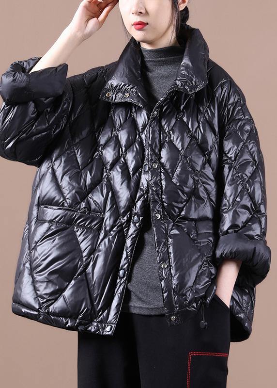 Luxury black goose Down coat Loose fitting snow jackets stand collar Button Down New Jackets - SooLinen