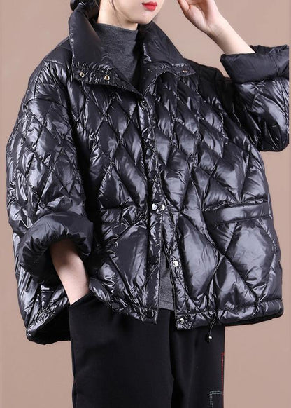 Luxury black goose Down coat Loose fitting snow jackets stand collar Button Down New Jackets - SooLinen