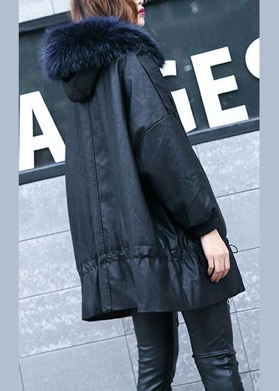 Luxury black overcoat trendy plus size winter jacket hooded fur collar overcoat - SooLinen