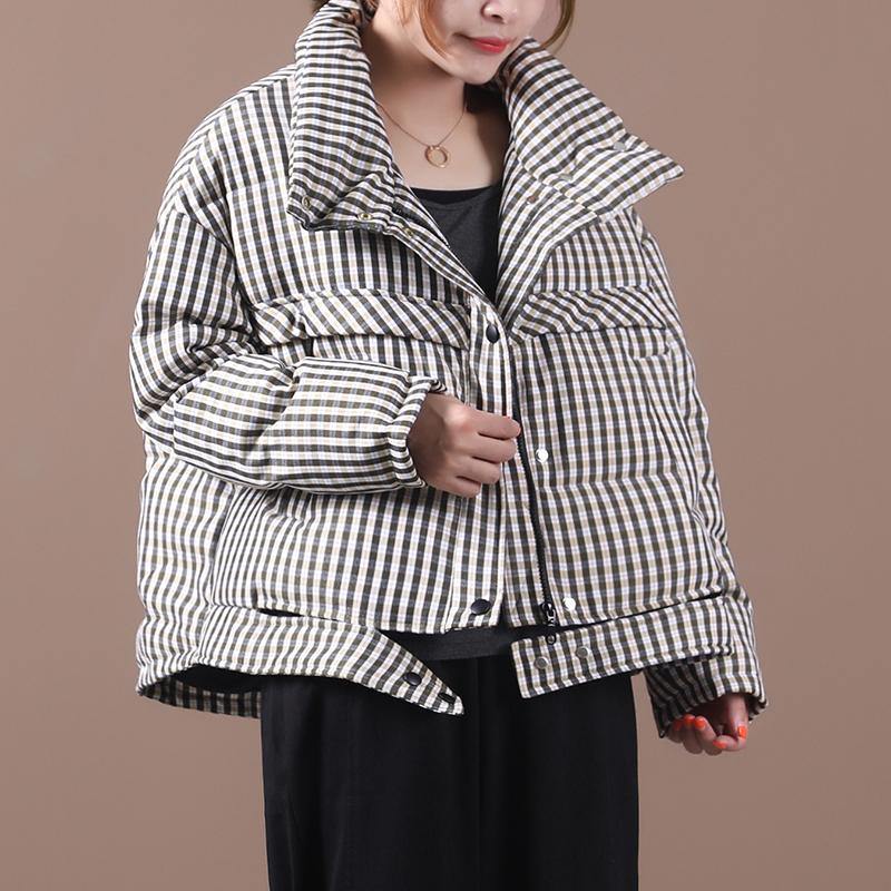 Luxury black plaid duck down coat trendy plus size stand collar Luxury overcoat - SooLinen