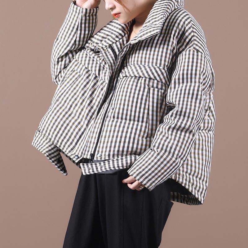 Luxury black plaid duck down coat trendy plus size stand collar Luxury overcoat - SooLinen