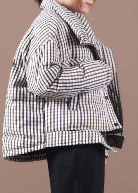 Luxury black plaid duck down coat trendy plus size stand collar Luxury overcoat - SooLinen