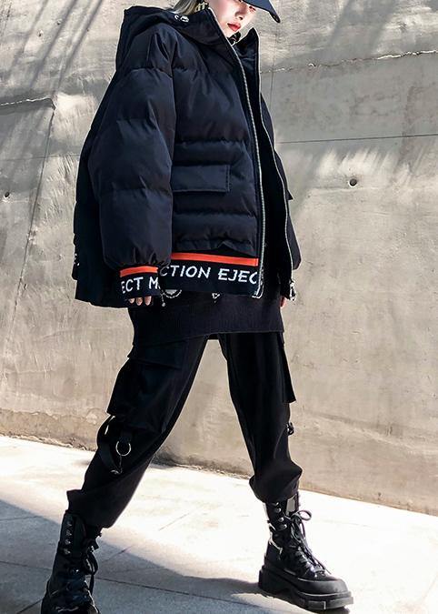 Luxury black print women parka oversize hooded thick zippered winter outwear - SooLinen
