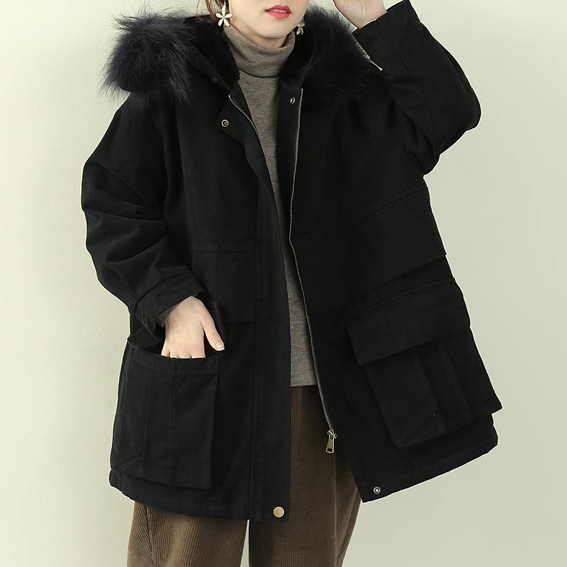 Luxury black winter coats plus size clothing hooded faux fur collar overcoat - SooLinen