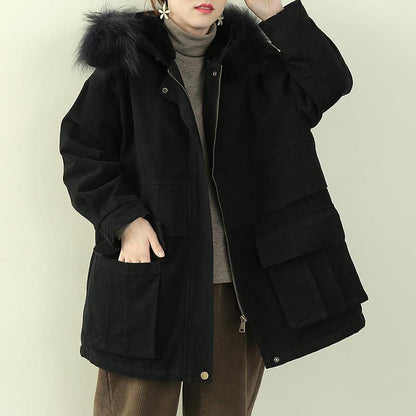 Luxury black winter coats plus size clothing hooded faux fur collar overcoat - SooLinen