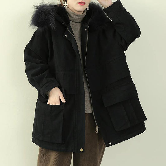Luxury black winter coats plus size clothing hooded faux fur collar overcoat - SooLinen