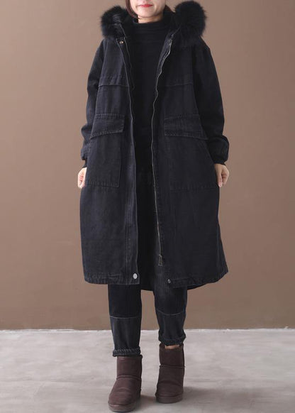 Luxury black winter overcoat Loose fitting warm winter coat alphabet prints hooded outwear - SooLinen