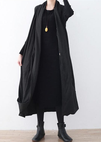 Luxuriöser schwarzer Wollmantel mit asymmetrischem Saum, übergroßer Maximantel, ärmellose lange Jacken für Damen