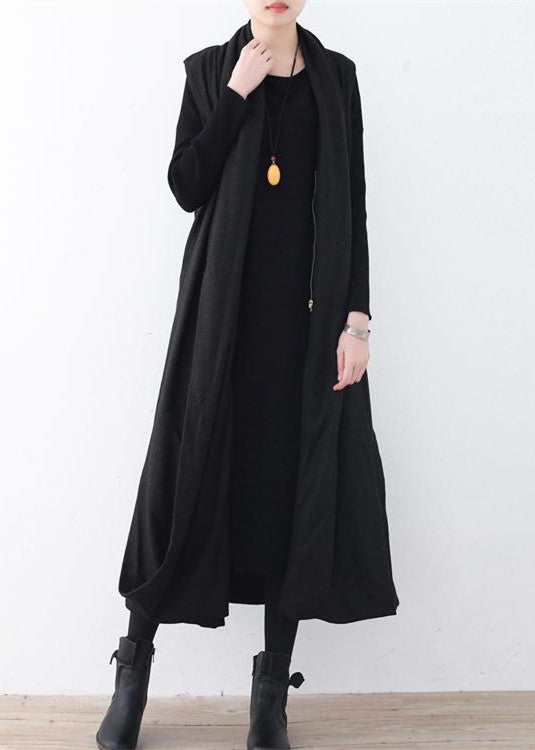 Luxuriöser schwarzer Wollmantel mit asymmetrischem Saum, übergroßer Maximantel, ärmellose lange Jacken für Damen