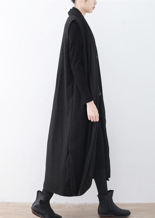 Luxuriöser schwarzer Wollmantel mit asymmetrischem Saum, übergroßer Maximantel, ärmellose lange Jacken für Damen