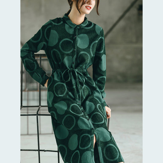 Luxuriöser schwarzgrün gepunkteter Maximantel lässiger Jacquard Peter Pan Kragen Feine Baggy Kleider