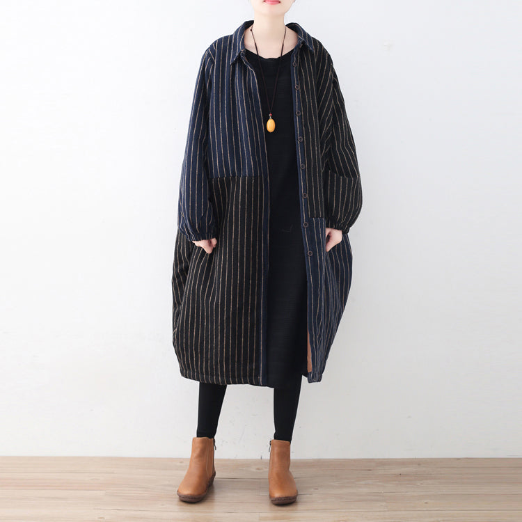 Luxuriöser blau-schwarz gestreifter Daunenmantel, übergroße Pufferjacke aus Wolle, feine Patchwork-Winteroberbekleidung