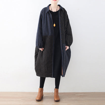 Luxuriöser blau-schwarz gestreifter Daunenmantel, übergroße Pufferjacke aus Wolle, feine Patchwork-Winteroberbekleidung