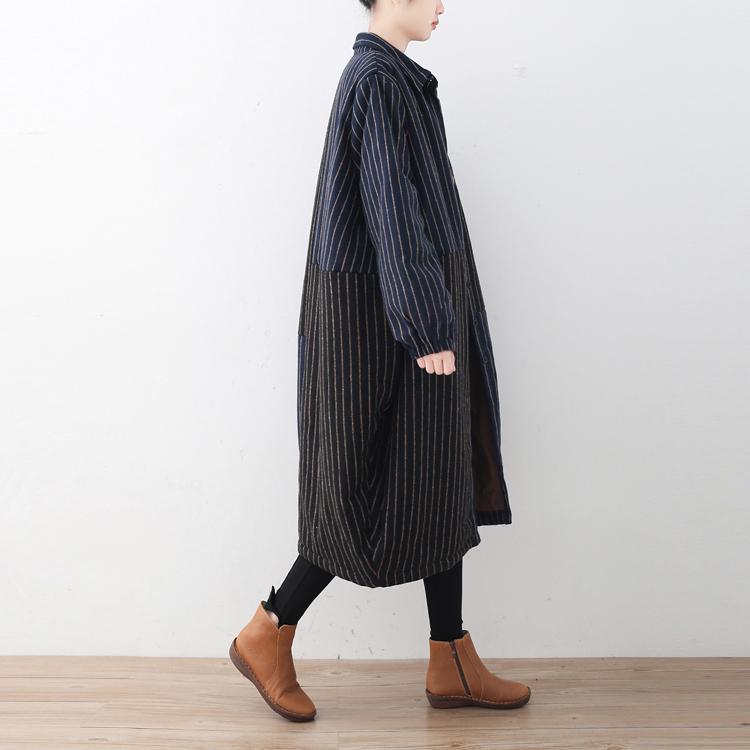 Luxuriöser blau-schwarz gestreifter Daunenmantel, übergroße Pufferjacke aus Wolle, feine Patchwork-Winteroberbekleidung