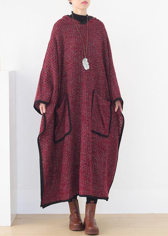 Luxury burgundy woolen outwear oversize hooded large hem long outwear - SooLinen