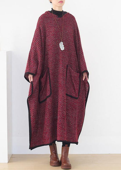 Luxury burgundy woolen outwear oversize hooded large hem long outwear - SooLinen