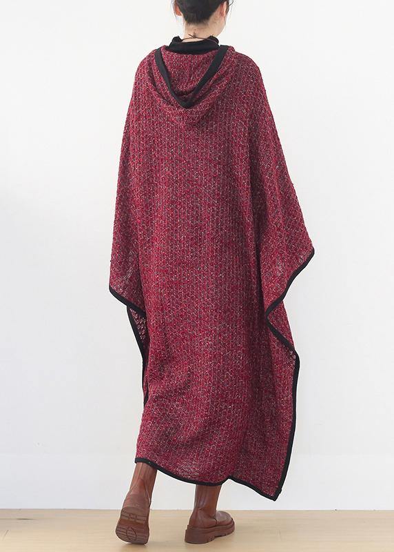 Luxury burgundy woolen outwear oversize hooded large hem long outwear - SooLinen
