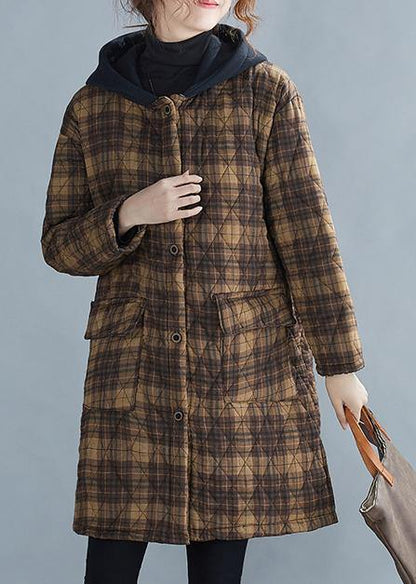 Luxury casual warm winter coat coats yellow plaid hooded pockets coat - SooLinen