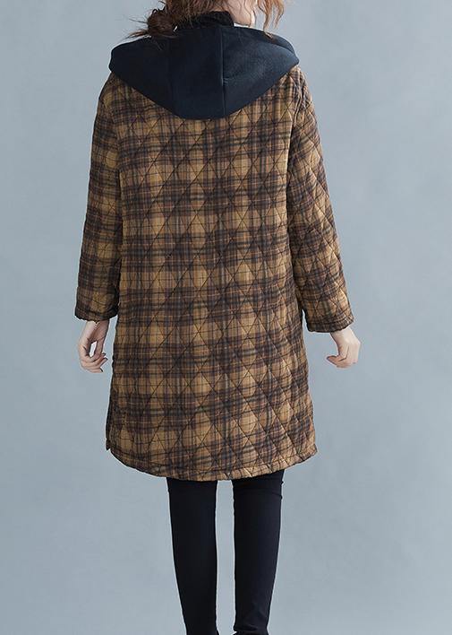 Luxury casual warm winter coat coats yellow plaid hooded pockets coat - SooLinen