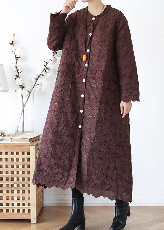 Luxury chocolate women coats oversize warm winter coat o neck Jacquard outwear - SooLinen