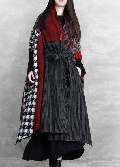 Luxury floral Woolen Coat Women Loose fitting v neck patchwork tie waist maxi coat - SooLinen