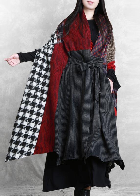 Luxury floral Woolen Coat Women Loose fitting v neck patchwork tie waist maxi coat - SooLinen