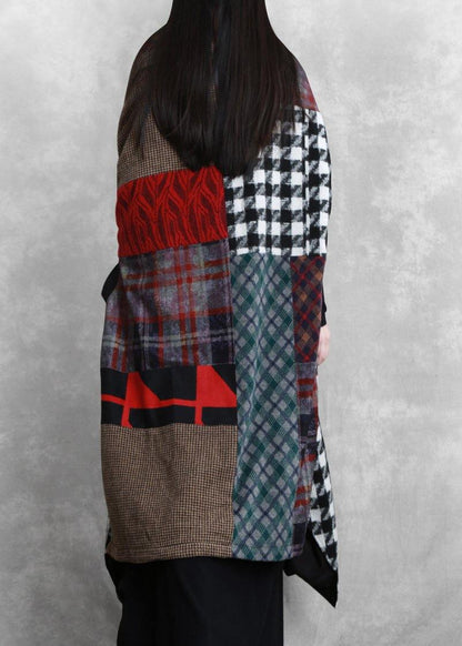 Luxury floral Woolen Coat Women Loose fitting v neck patchwork tie waist maxi coat - SooLinen