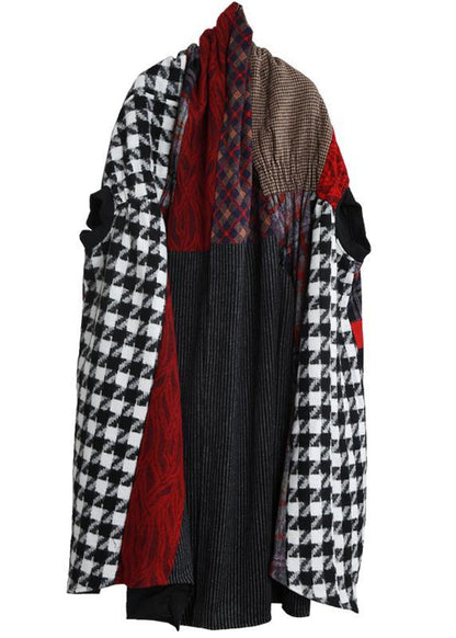 Luxury floral Woolen Coat Women Loose fitting v neck patchwork tie waist maxi coat - SooLinen